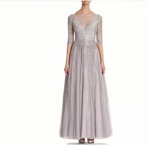 NWT Basix Black Label Gray Embroidered Illusion Gown $690